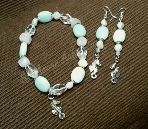 Silver Seahorse Earrings and Bracelet Set
